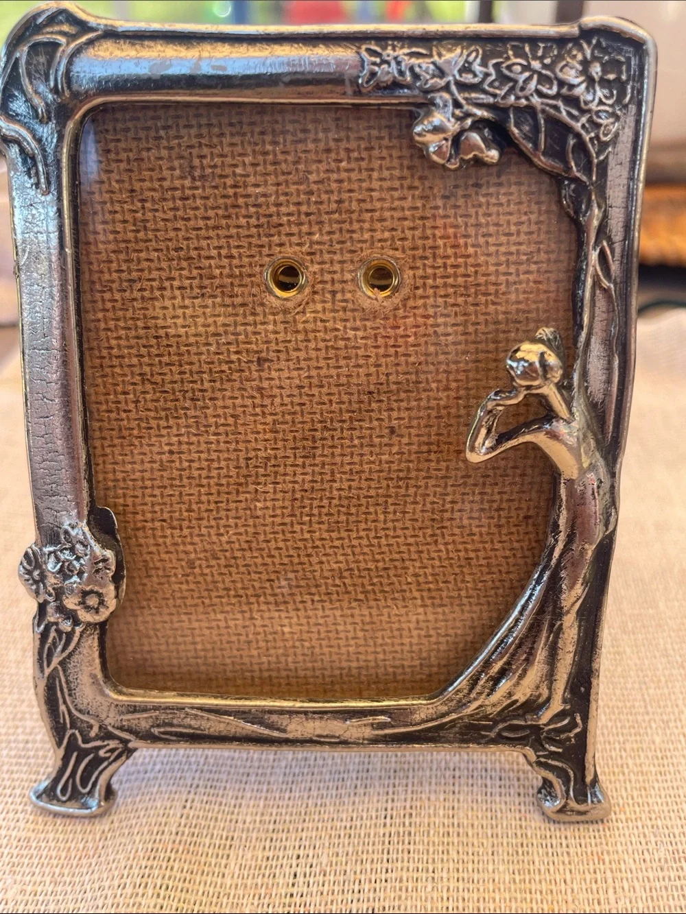 Italian Ornate Silver Art Nouveau 3x2.5 Frame with Woman Accent - Silver